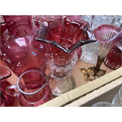 Collection of victorian and later Cranberry glass to include vases of assorted form, together with a quantity of other glass etc, in two boxes 