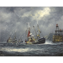  Jack Rigg (British 1927-): 'Run for Home' Whitby, oil on board signed, titled signed and dated 1996 verso  40cm x 50cm   DDS - Artist's resale rights may apply to this lot    