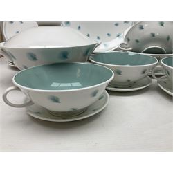 Susie Cooper Whispering Grass pattern dinner wares, to include tureen with cover, six twin handled soup bowls, dinner plates and side plates, etc 