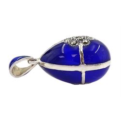 Silver blue enamel and marcasite egg pendant, stamped 925