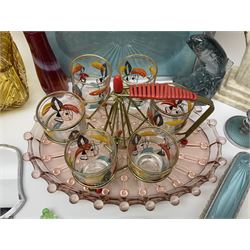 Swedish Svenskt Glass limited edition blue glass salmon, modelled by Paul Hoff, together with two vintage moulded coloured glass dressing table sets with jars and trays, spinning shot glass holder with abstract design glasses and an Art Deco vase, etc 