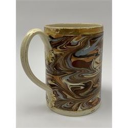 Late 18th century earthenware mug, possibly Ralph Wedgwood, Burslem or Ferrybridge, with surface marbled decoration and later gilt detail to rims and handle, impressed beneath Wedgwood & Co, H12cm