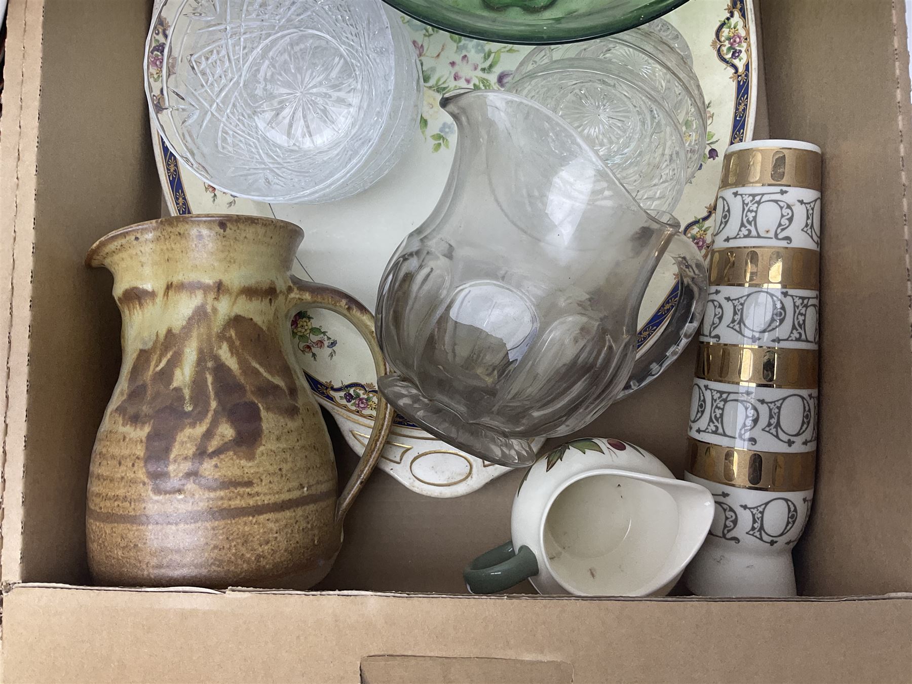 Masons and Furnival Denmark pattern blue and white tea wares, together with a Royal Worcester trinket box, Leedsware bowl and other ceramics and glassware, in four boxes