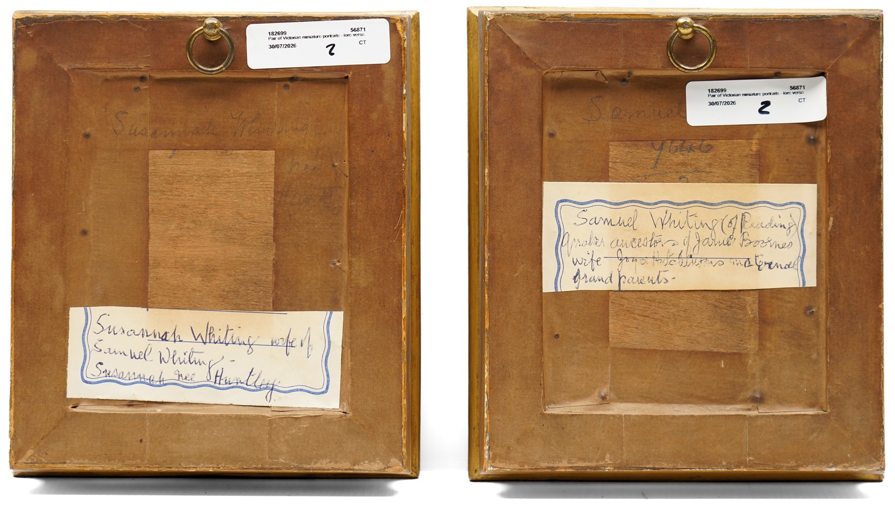 English School (19th century): Portraits of Samuel Whiting of Reading and His Wife Susannah, pair of watercolours unsigned, inscribed with family history verso, in matching gilt frames 10.5cm x 8cm (2)