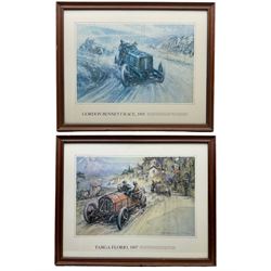 After Frederick Gordon Crosby (British 1885-1943): 'Gordon Bennett Race 1905 and 'Targa Florio 1907', pair colour prints 59cm x 74cm, together with three further racing pictures and a print of Filey (6)