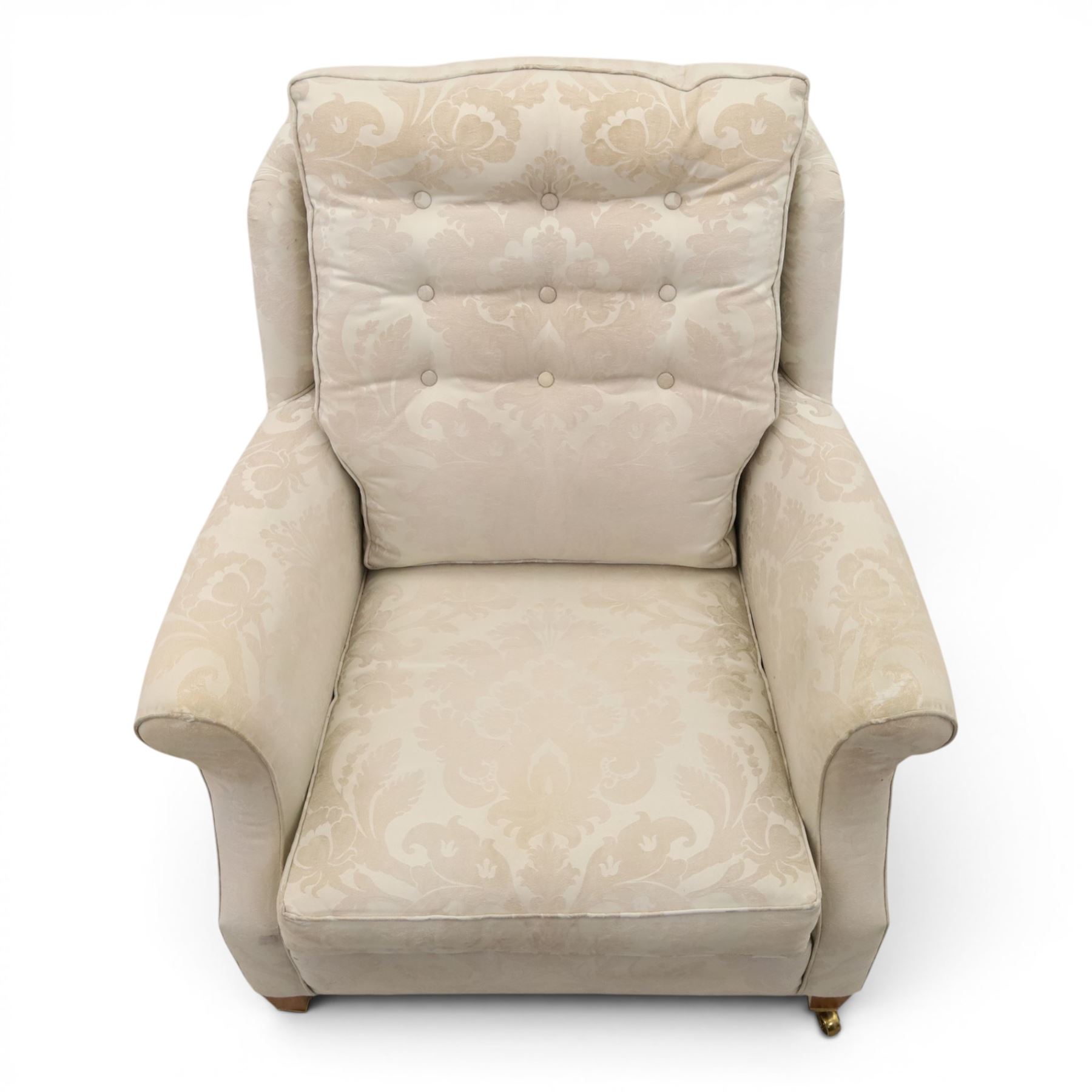 Duresta England - armchair upholstered in beige damask fabric, with deep seat and button back, loose seat cushions with scrolled arms, raised on brass castors