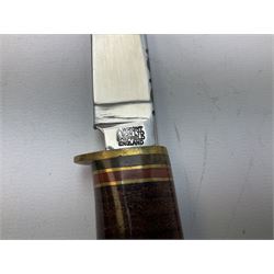 Three hunting knives, each blade marked A. Wright & Sons Sheffield, one with leather handle, one with horn handle and one with antler handle; each with leather sheath (3)