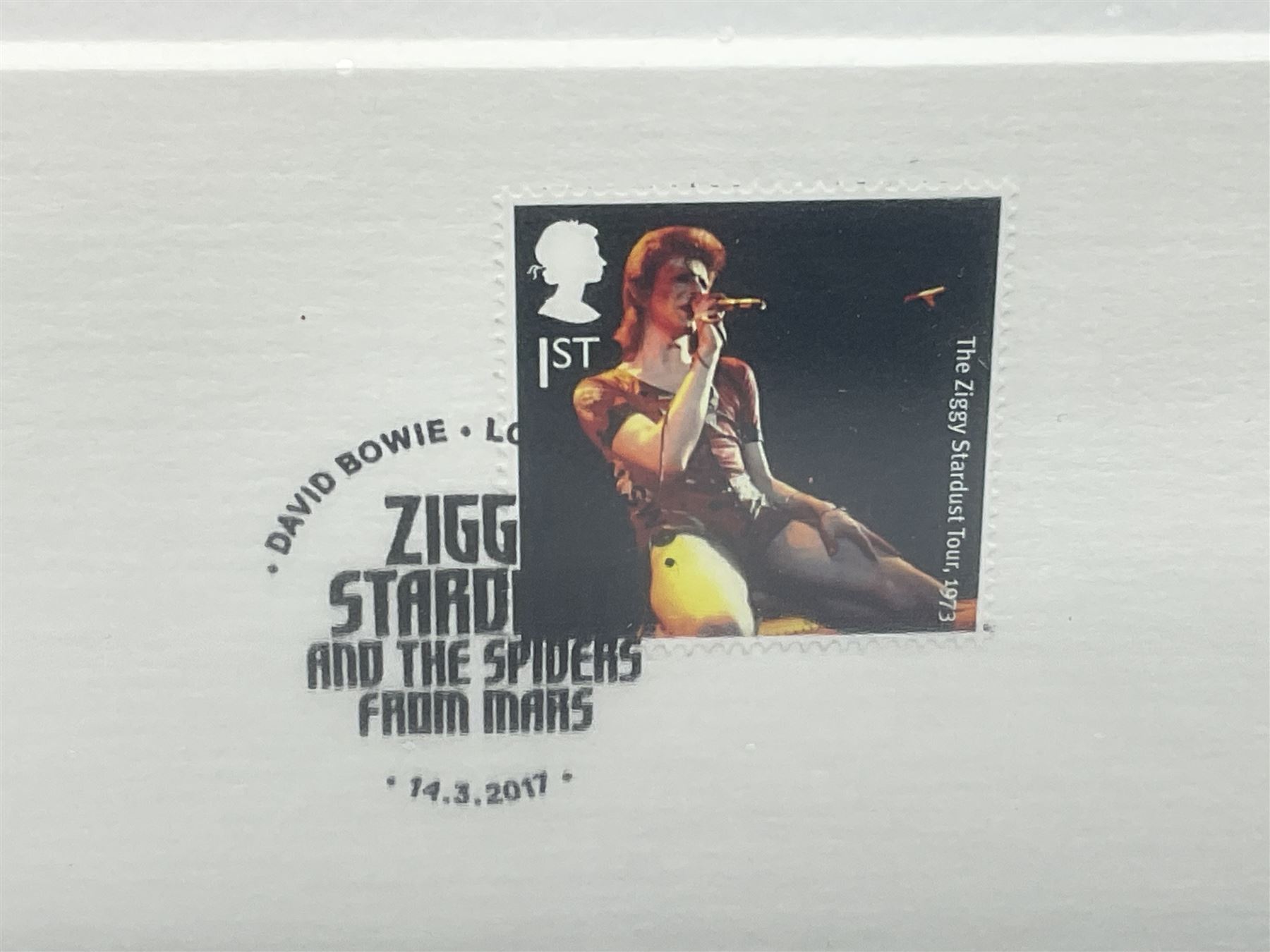 Set of three Royal Mail David Bowie limited edition album stamp prints, comprising  Ziggy Stardust Tour, Hunky Dory and Earthling, all framed and in original packaging, H43cm W43cm