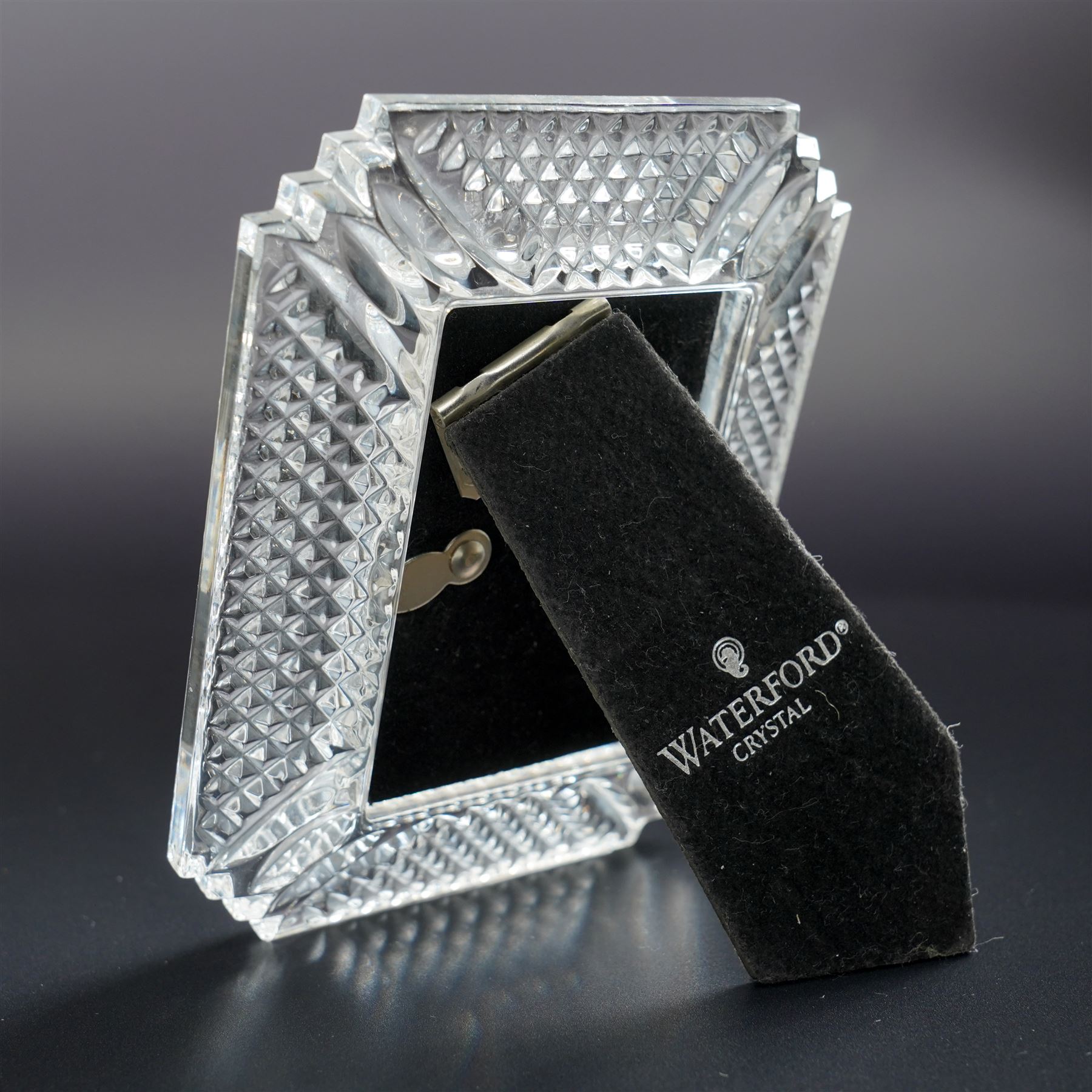  Waterford glass items including pair of Lismore pattern candlesticks H16cm, Makefield pattern photograph frame 12cm x 10cm, cone shape octagonal paperweight and a finger bowl