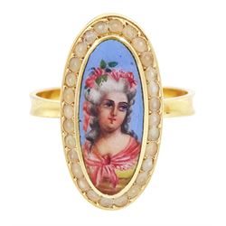 19th century French gold pearl and enamel portrait ring, set with an oval hand painted ena...