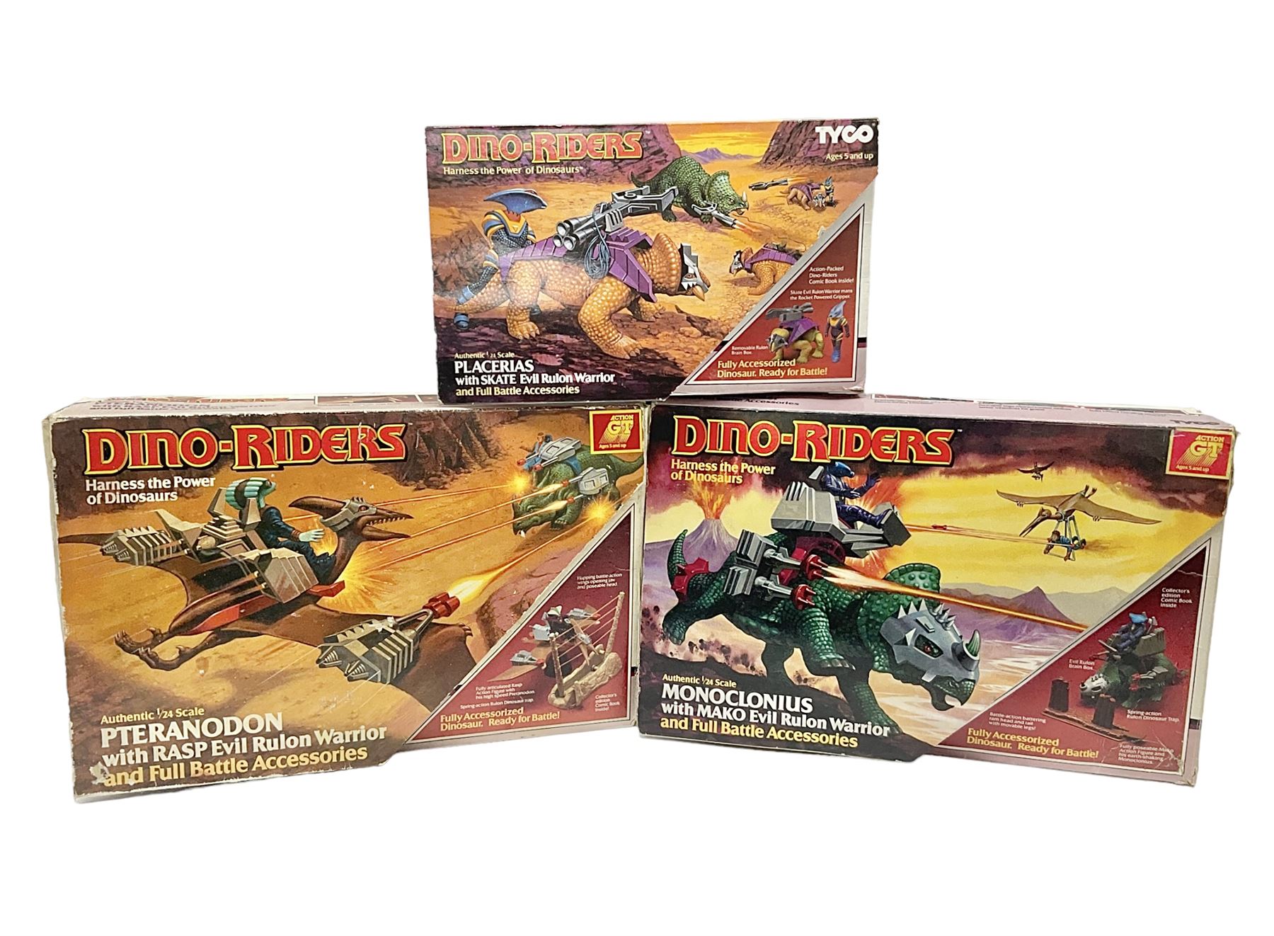 Three Tyco Dino-Riders by Action GT playsets - Pteranodon with Rasp Evil Rulon Warrior; Monoclonius with Mako Evil Rulon Warrior; and Placerias with Skate Evil Rulon Warrior; all boxed (3)