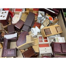 Large quantity of 1970s doll's house furniture, predominantly stained or painted wooden, including lounge, dining room, kitchen and bedroom pieces, bathroom fittings, bureaux and desks, piano, lamps, fire-surrounds etc; various scales
