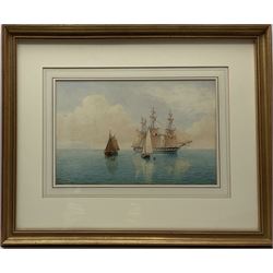 William Frederick Settle (British 1821-1897): British Man o' War at Anchor with Crew rowing to Shore, watercolour signed with monogram and dated '85, 22cm x 33cm