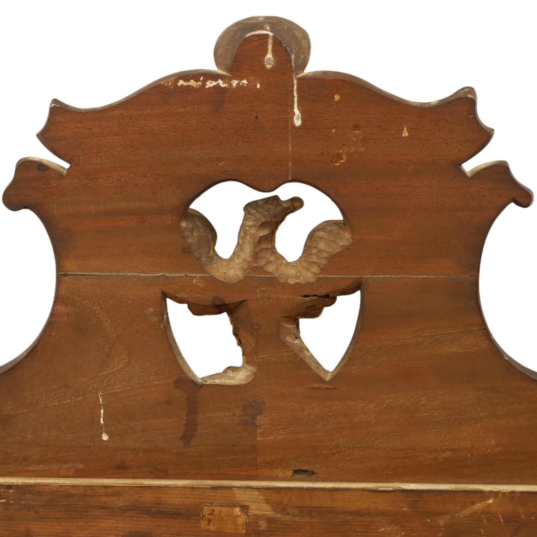 Large George III mahogany wall mirror, parcel gilt shaped frame with scrolling acanthus, shell and foliate decoration, surmounted by carved gilt ho-ho bird, rectangular mirror plate within moulded border, shaped apron with gilt scroll terminals, removed from a Scottish country estate