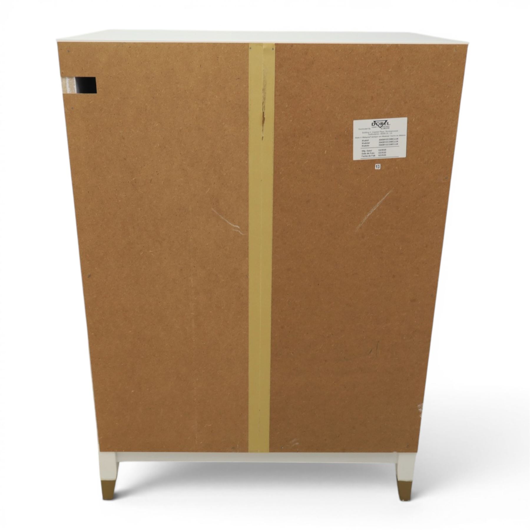 Dorel Home - Modern chest of drawer, white painted rectangular top above, four drawers with bronze metal handles, on tapered supports 