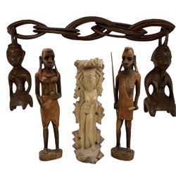 African carved wooden marriage/wedding chain, together with three carved figures, largest H44cm