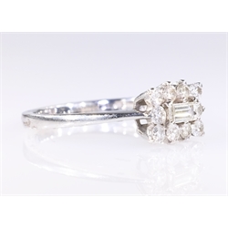  18ct white gold diamond and baguette diamond cluster ring hallmarked approx 0.5 carat total cased with certificate  