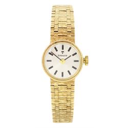 Tissot ladies 9ct gold manual wind wristwatch, silvered dial with baton hour markers, on i...