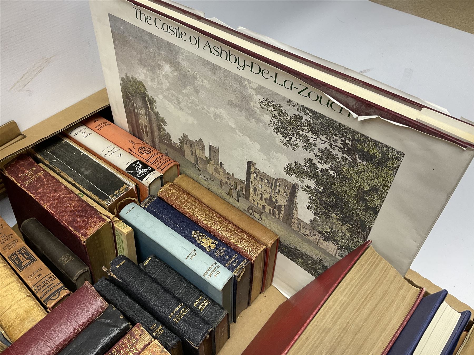 Collection of books to include Byron's Works, Hogarth's work, ten volumes by Sir Walter Scott Bart etc, in two boxes 