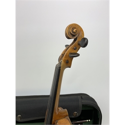 Late 19th century continental violin, possibly Italian, with 36cm two-piece maple back and ribs and spruce top, bears label 'Antonius Stradivarius Anno 1721', 60cm overall; in modern carrying case with silver mounted pernumbuco bow