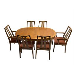 Nathan - mid-20th century teak oval extending dining table (W152cm D99cm H75cm); and Nathan - set six (4+2) mid-20th century teak high slat-back chairs, seats upholstered in light red fabric (W55cm H96cm)