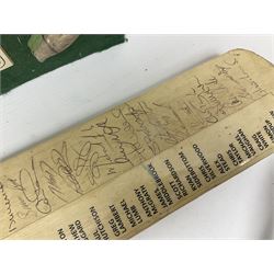 Annotated display board of clay pipes; rootwood walking stick and Yorkshire CCC signed cricket bat 2001
