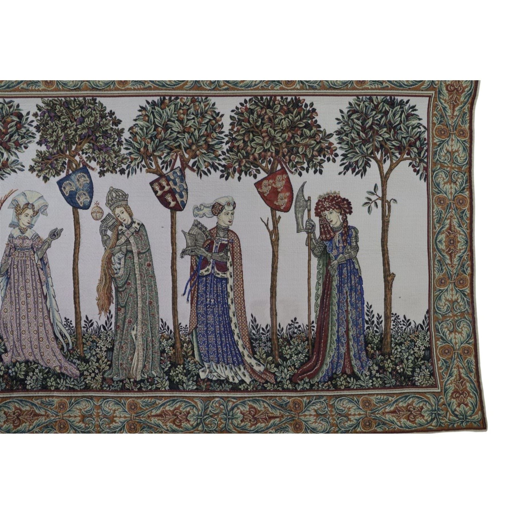 La Manta tapestry wall hanging, by Hines of Oxford, after teh 1420 fresco by Giacomo Jaquerio in the great hall at Casello Della Manta, H65cm, L130cm