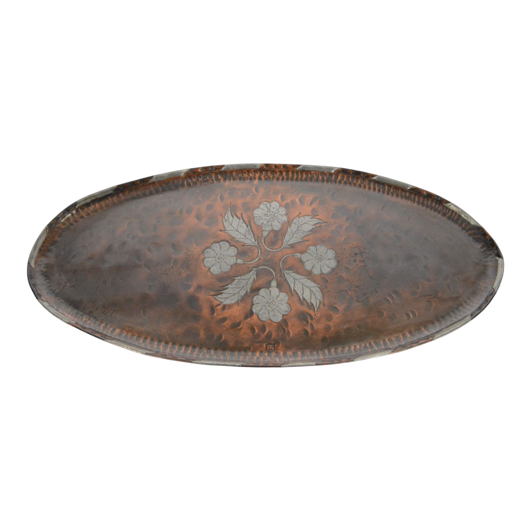 20th century Japanese copper dish, with fluted rim embossed with a dragonfly, together with Paul Gilling copper and pewter tray 