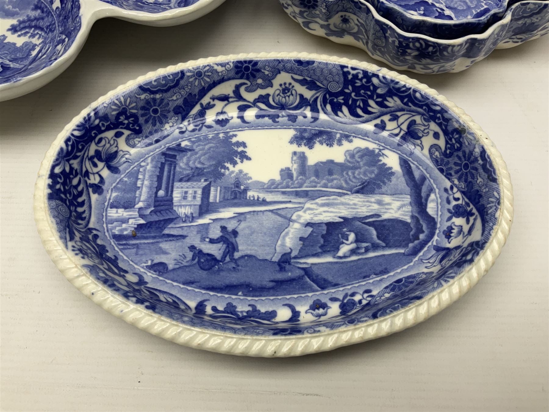 Copeland Spode Italian pattern tea and dinner wares, including hor d'oeuvres dish, tureen and cover, coffee pot, six coffee cans and saucers, etc, all with blue printed marks beneath (40)