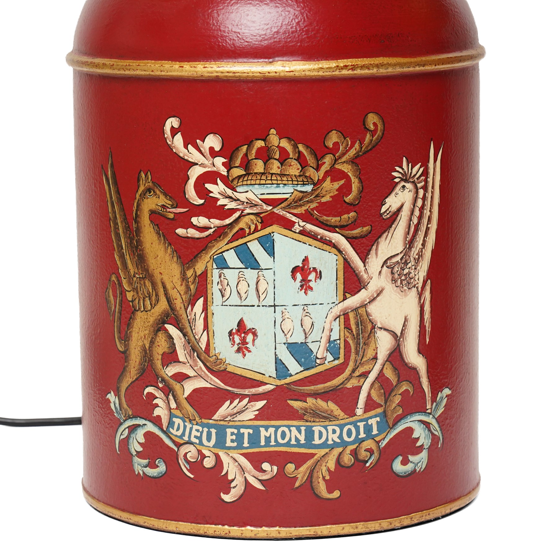 Pair of late 20th century tole peinte tea canister electric table lamps decorated with the royal coat of arms on a red ground and with metal shades H72cm