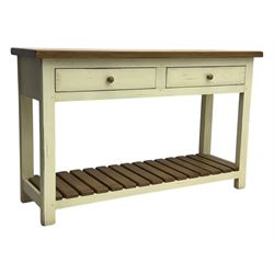 Fired Earth - contemporary Bastide style console table, oak top over cream painted frame fitted with two drawers and turned wooden handles, above a slatted oak undertier, raised on square supports