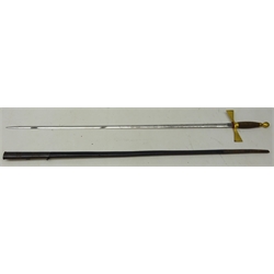  Masonic Ceremonial Sword, by Kenning, 74cm blade etched with square & compass, gilt wire bound grip in leather scabbard, L93cm  