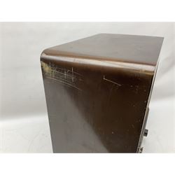 1930s Marconi model 296 valve radio, with Bakelite knobs and trim and 'M' over speaker fret, H40cm W46cm D27cm, together with 1930s Ferguson 702 valve radio with Bakelite knobs, H47cm