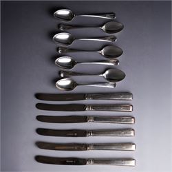 Set of six silver teaspoons with engraved initial K to finial, together with a set of six ...