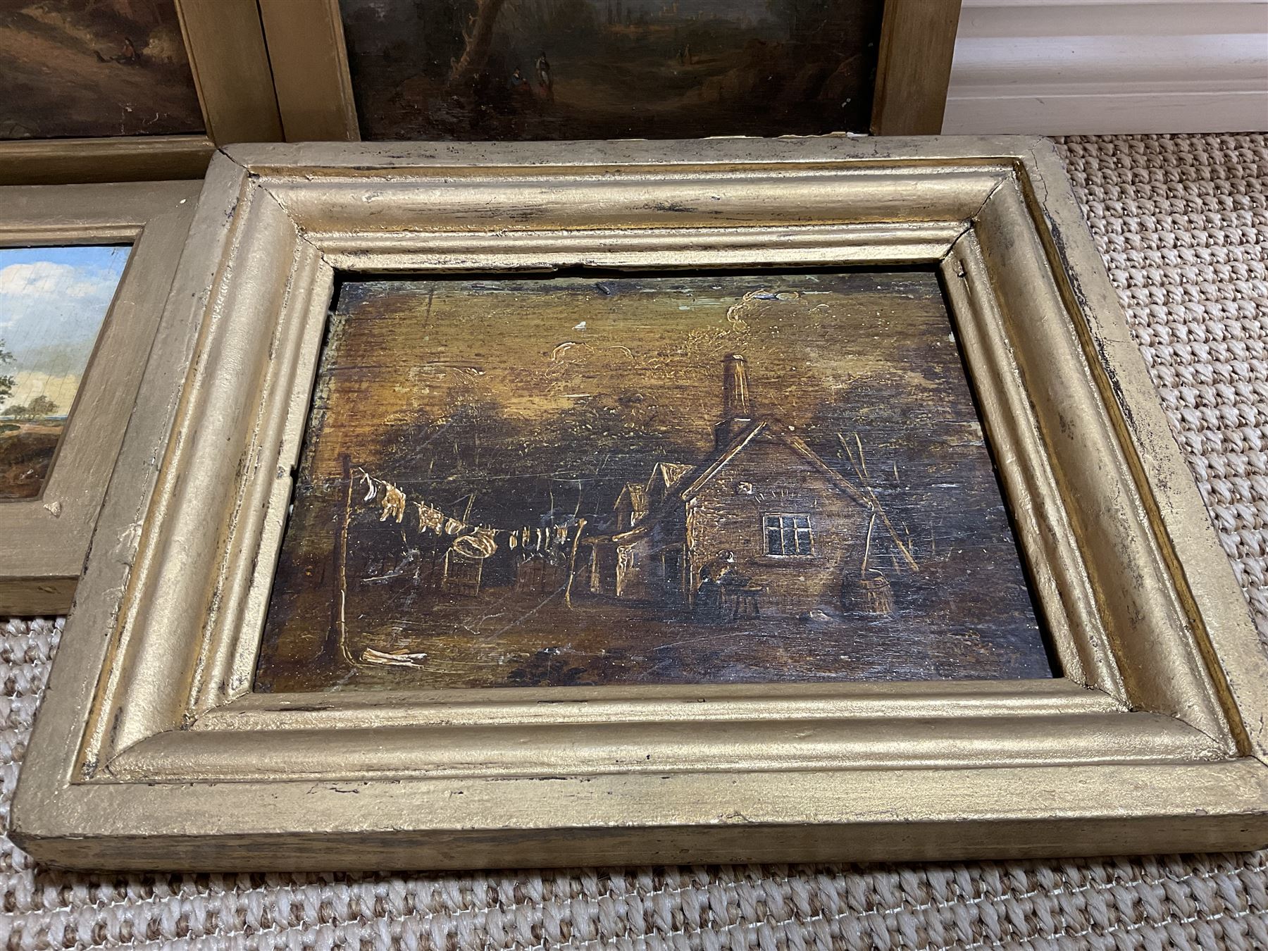 English School (19th century): Country Landscapes, three oils on panel, together with another naive 19th century oil on panel by another hand, max 15cm x 20cm (4)