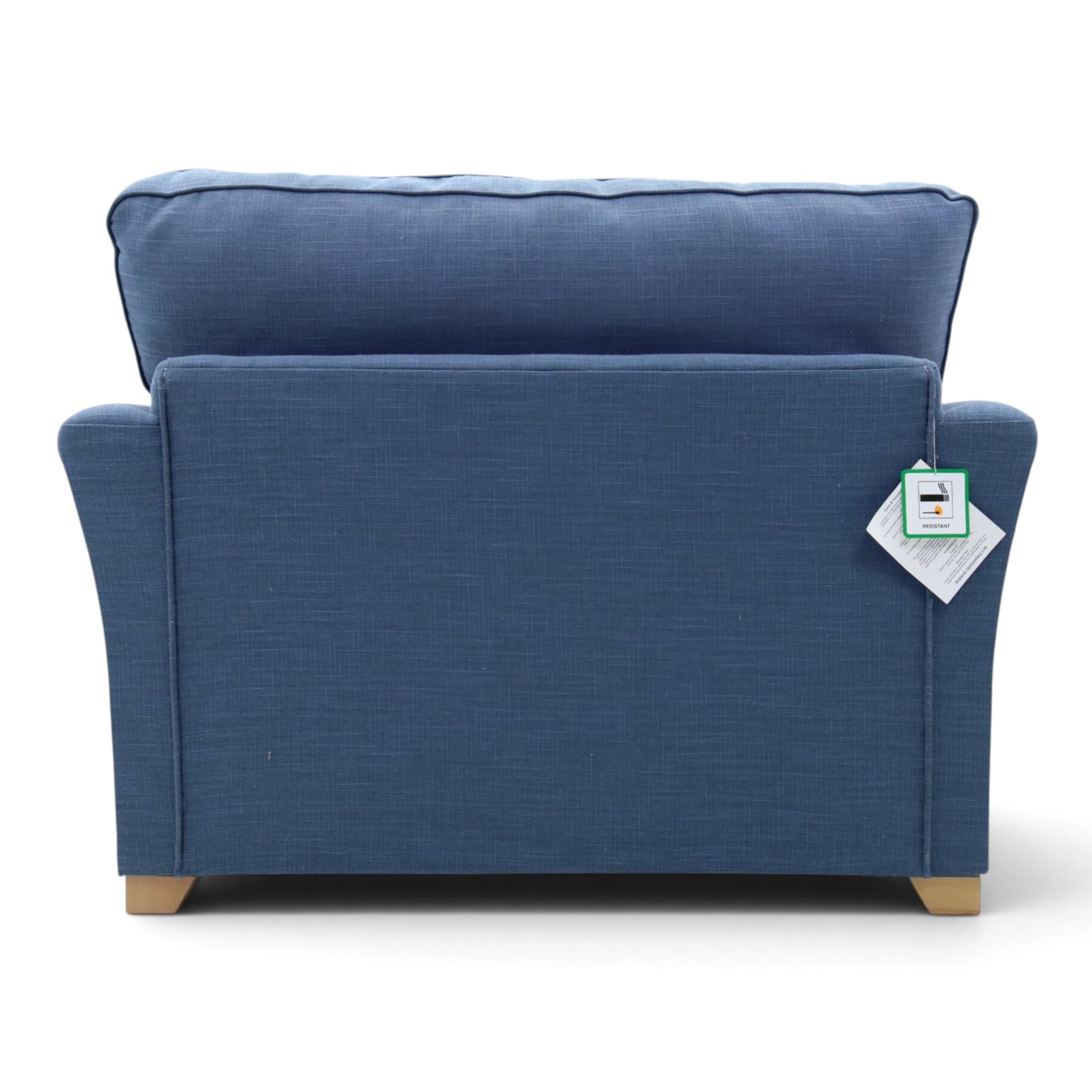 Contemporary blue small sofa bed, shaped arms with loose seat cushions, stowed bed beneath, raised on light wood feet