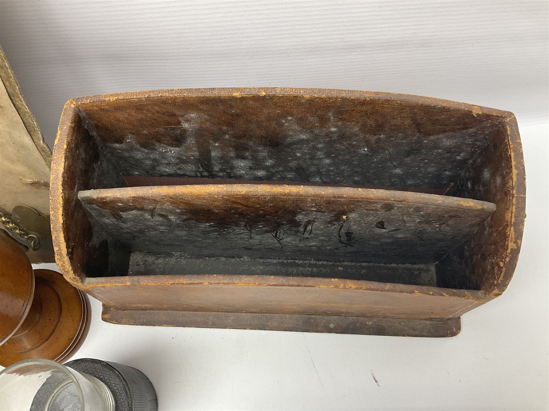 Pair of turned wooden goblets, six hardstone eggs, vintage slide rule and a leather letter rack, etc