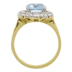 18ct gold milgrain set cushion cut aquamarine and diamond cluster ring, stamped 18ct, aquamarine approx 1.35 carat, total diamond weight approx 0.70 carat