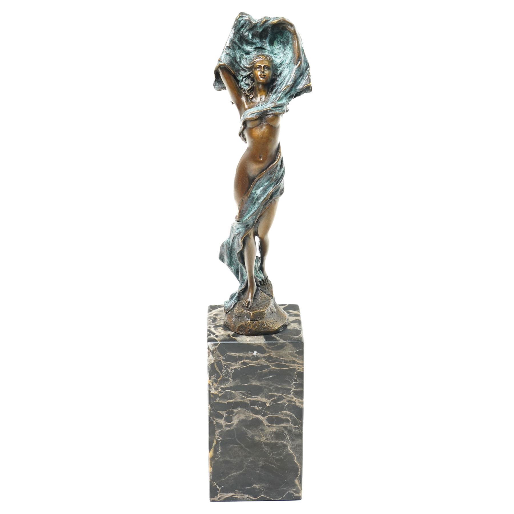 After Milo - bronze sculpture of a dancing lady, on two-tone plinth, H35cm 