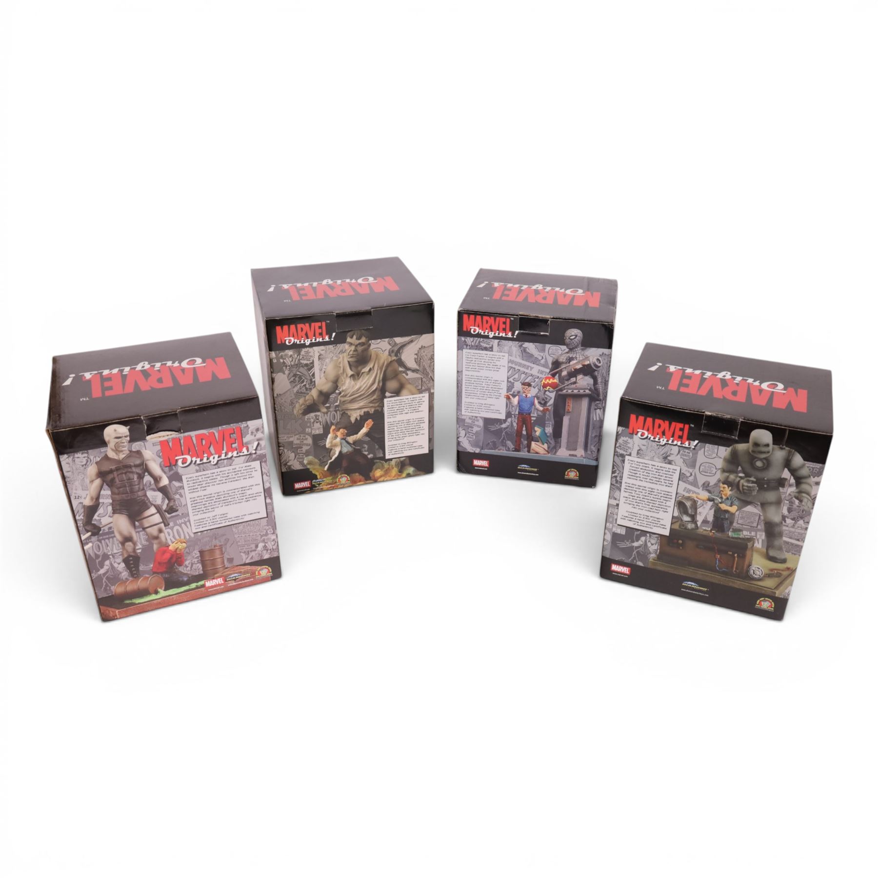 Four Diamond Select Toys limited edition Marvel Origins figures, comprising The Incredible Hulk, Amazing Spider-Man, Iron Man and Daredevil, all boxed with certificates of authenticity
