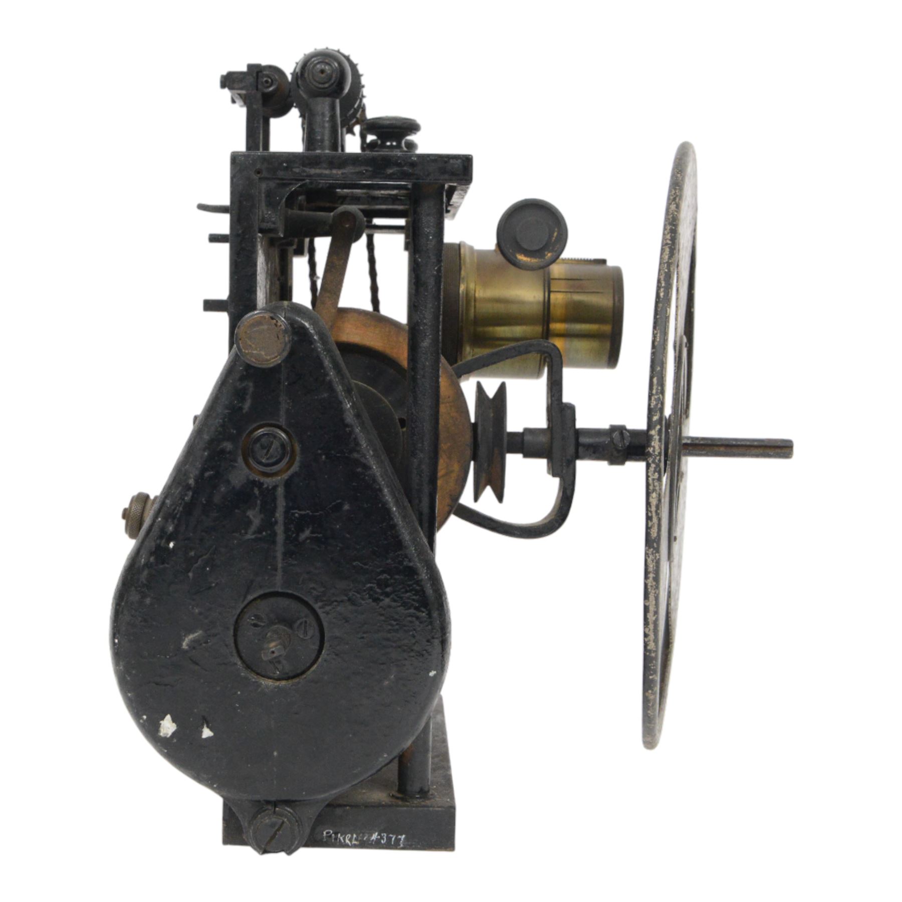 Early 20th century French cine film projector, impressed plate verso 'Pathe Freres Becker 23976', with geared mechanism, all mounted on a heavy black lacquered cast iron frame, H30cm