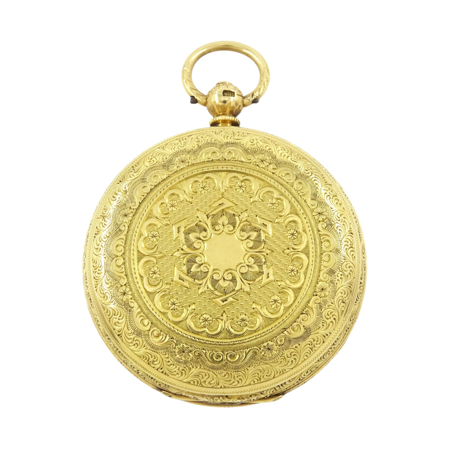 Victorian 18ct gold open face key wound lever pocket watch, No. 33202, gilt dial with Roman numeral hour markers, engraved foliate case with empty cartouche, case makers mark A W, London 1871
