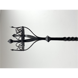Arts and Crafts wrought iron oil lamp/candle stand, with decorative scroll work, H186cm