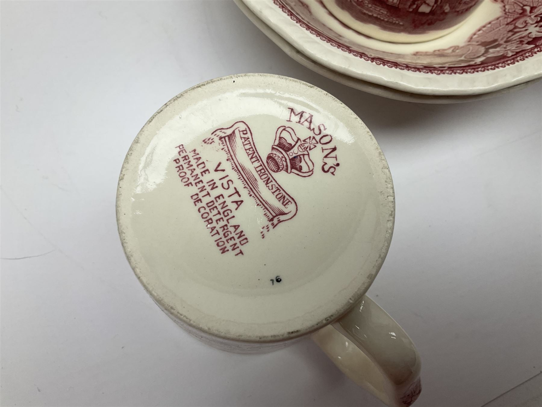 Masons Vista pattern ceramics, including coffee pot, sauce boat, twin handled jar and cover, teapots, mugs, etc 