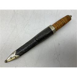 Norwegian staksniv hunting knife with 10cm single-edged steel blade in tooled leather sheath with nickel mounts L23cm overall