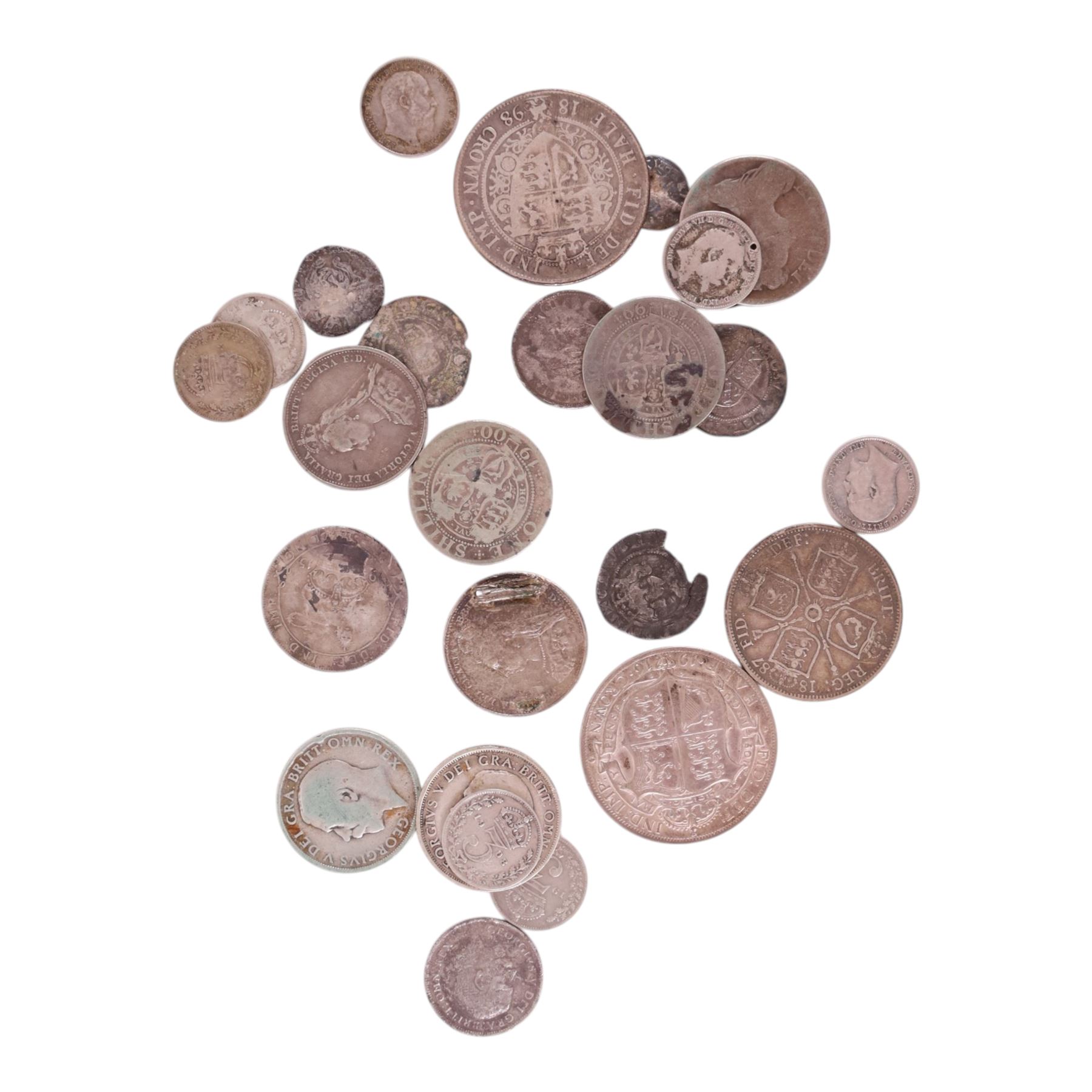Approximately 100 grams of Great British pre-1920 silver coins, including some hammered, Elizabeth I 1564 threepence, Anne 1709 shilling, etc