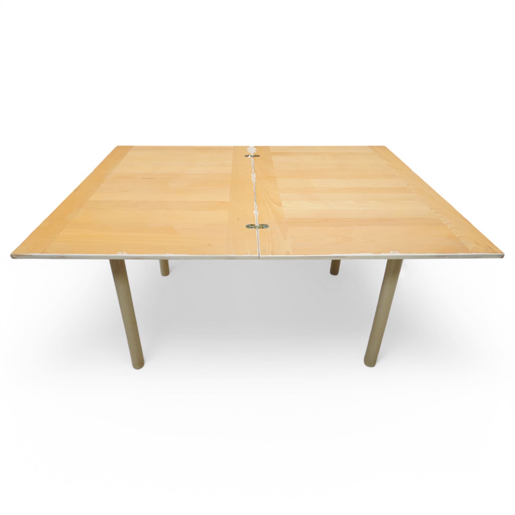 Contemporary beech dining table, rectangular swivel fold-over top, on turned supports