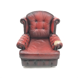 Georgian style three seat sofa upholstered in deep buttoned vintage red leather (W175cm) and pair of matching armchairs (W87cm)