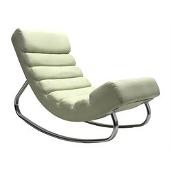 Cream leather modernist rocking chair, leather upholstery with horizontal channel stitching, supported by a chrome-plated tubular frame 
