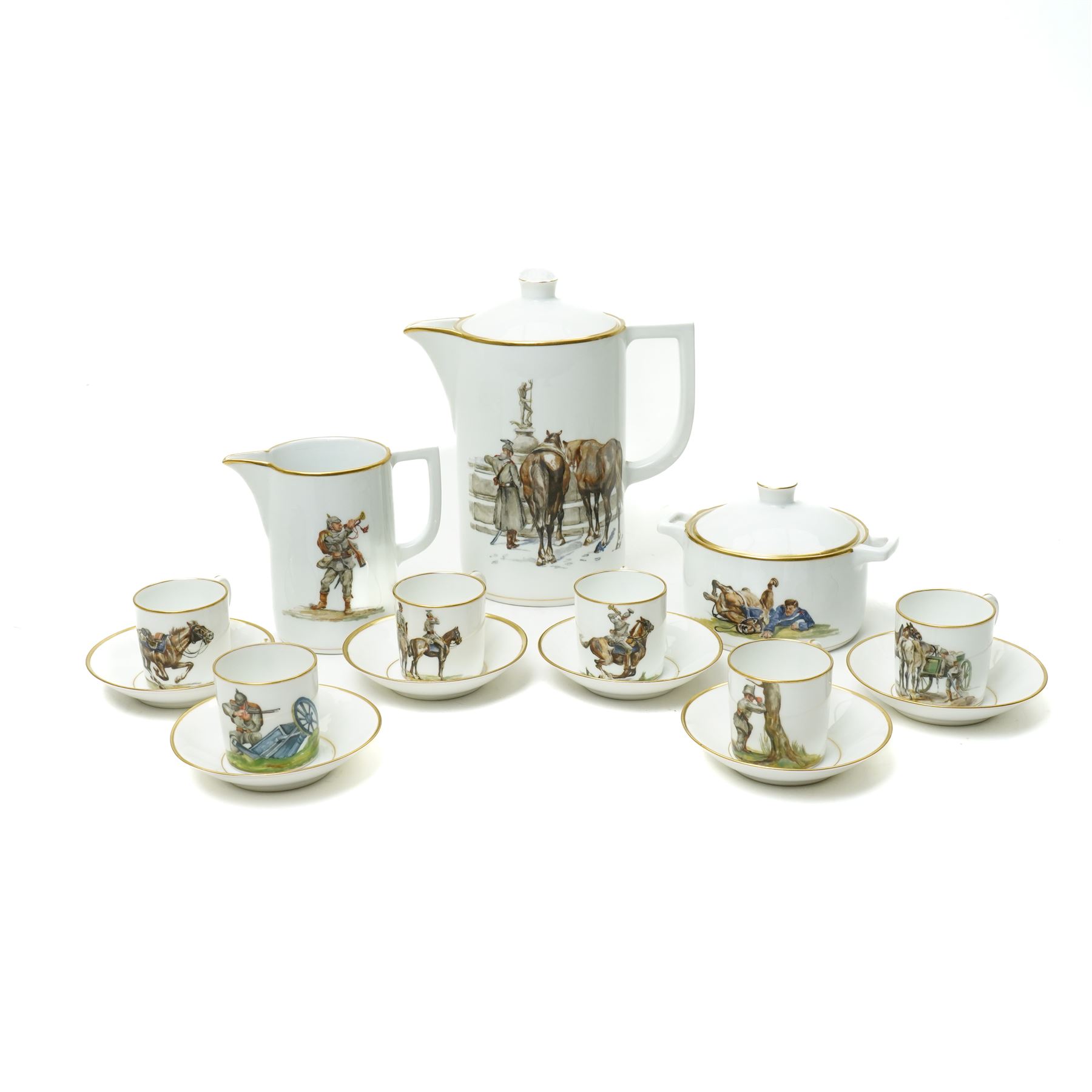 Nymphenburg coffee set painted with WWI military scenes after Hans Kratzer, comprising six coffee cans and saucers, coffee pot, cream jug and covered sugar bowl